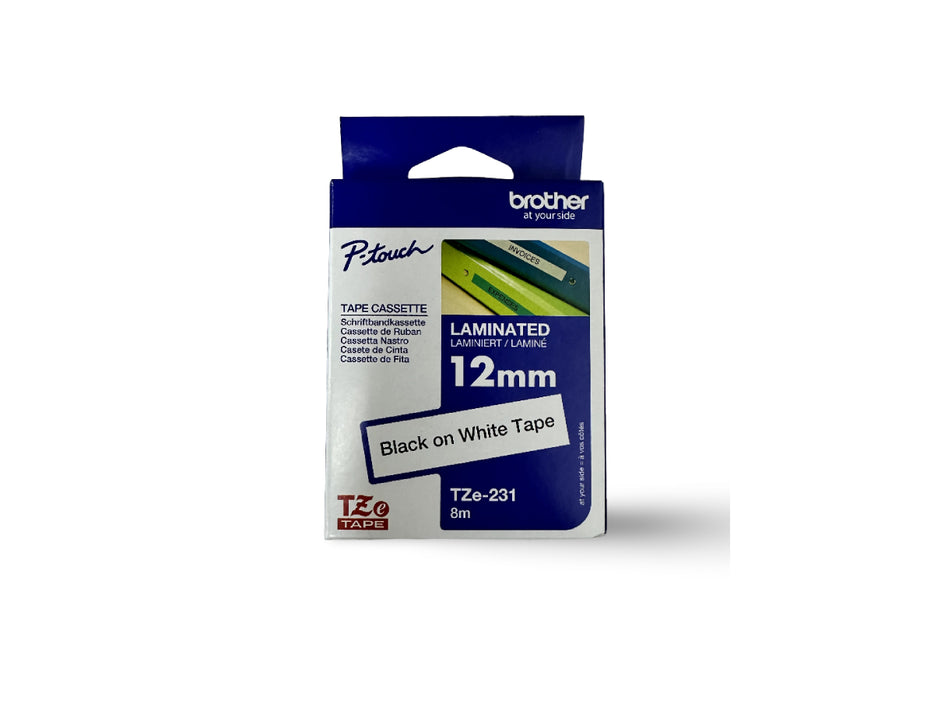 Brother P-touch 12mm TZ-231 Laminated Tape, 8 m, Black on White