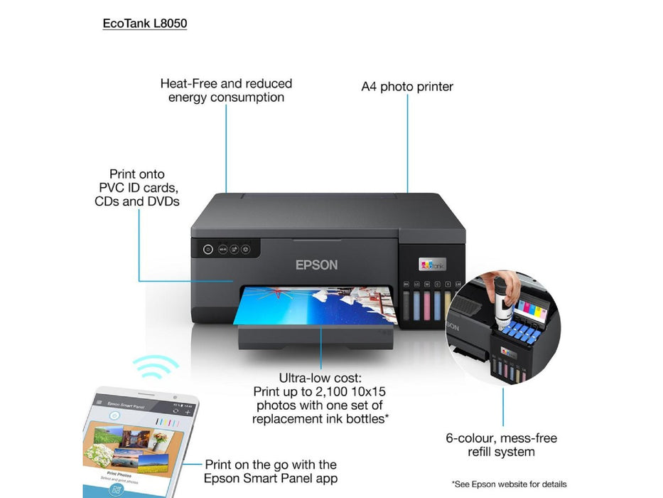 Epson Ecotank L8050 Photo Printer, Color Ink Tank, Wi-Fi Connectivity