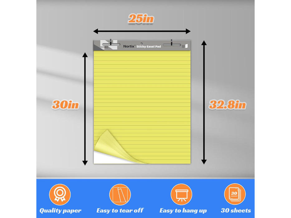 Nortix Sticky Easel Pad, 25 x 30 Inches, Yellow Paper with Lines, 30sheets/Pad