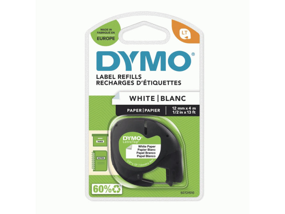 Dymo LetraTag Tape, 12mm X 4m, [Paper White - 91200]