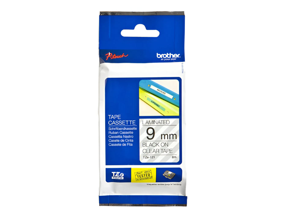 Brother P-touch 9mm TZ-121 Laminated Tape, 8m, Black on Clear