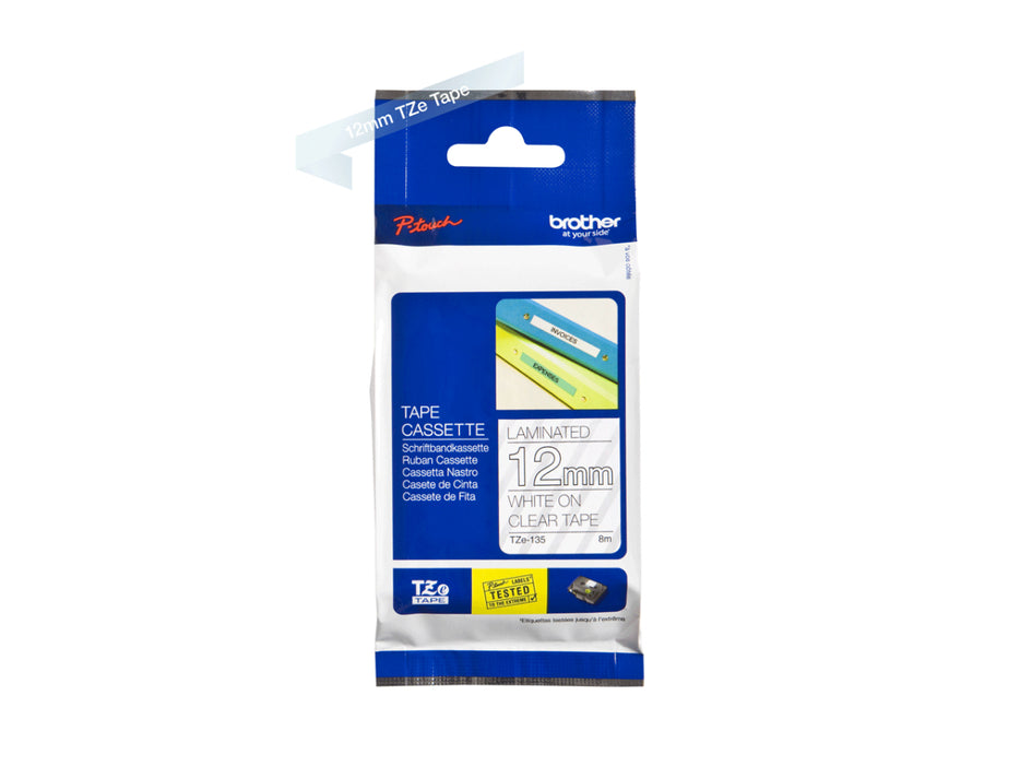 Brother P-touch 12mm TZ-135 Laminated Tape 8m White on Clear