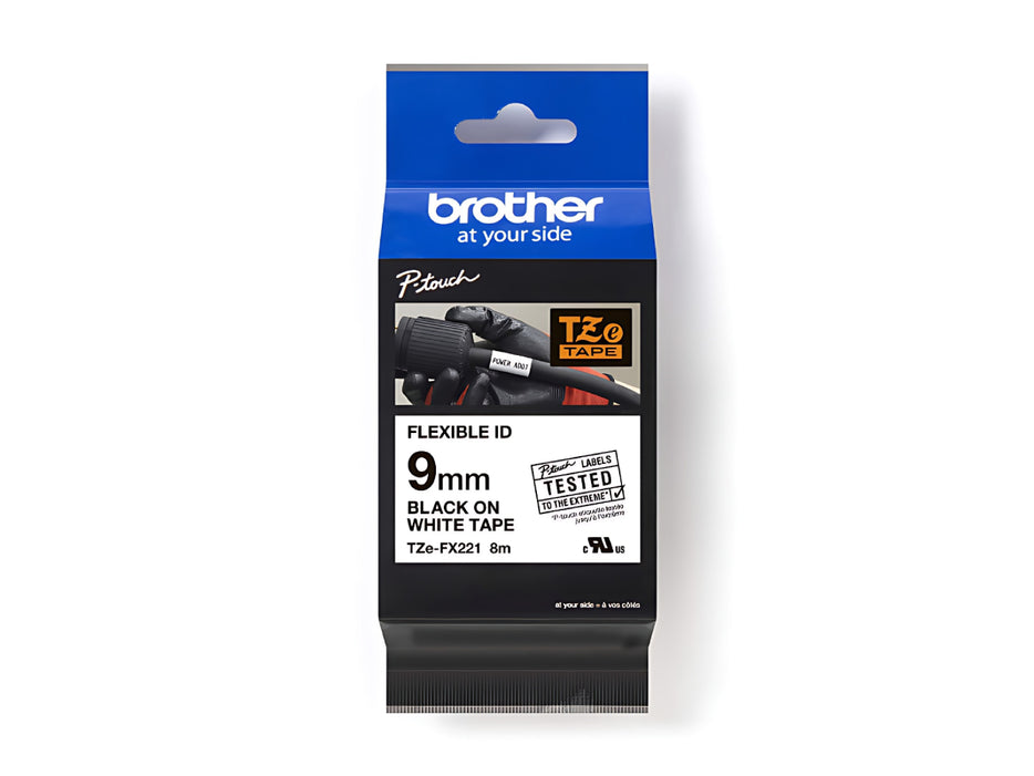 Brother TZe-FX221 Laminated Flexible Tape Black on White 9mm x 8mm