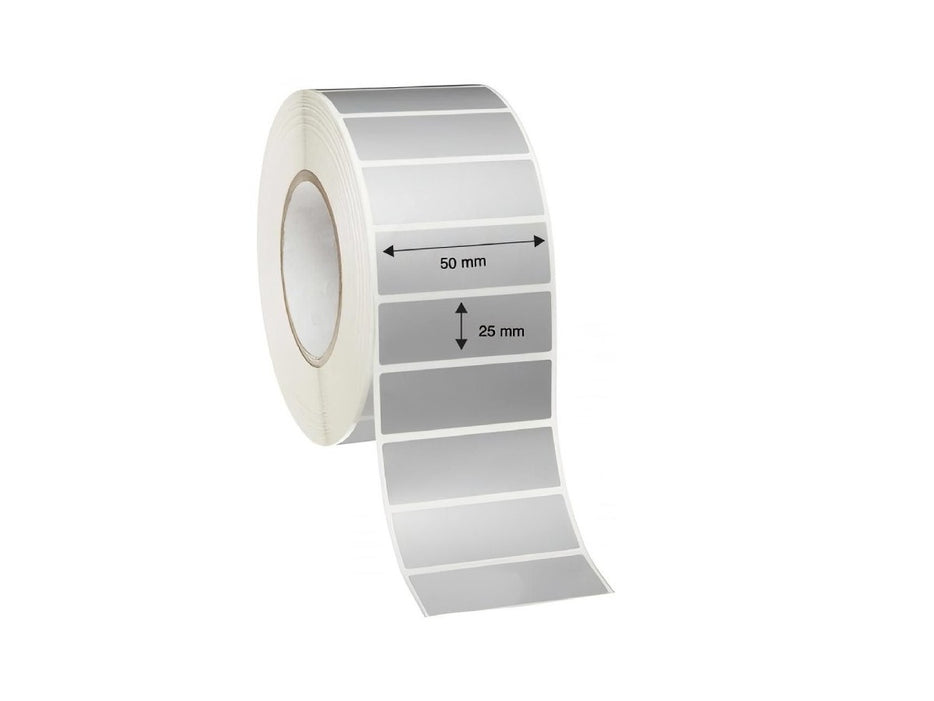 50 MM X 25 MM X 3" core pet Silver Barcode Label (5,000 Labels per Roll)