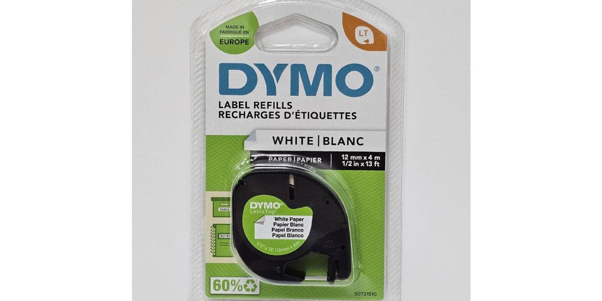 12mm paper label tape cartridge, 91200 WHITE, for DYMO LETRATAG labellers