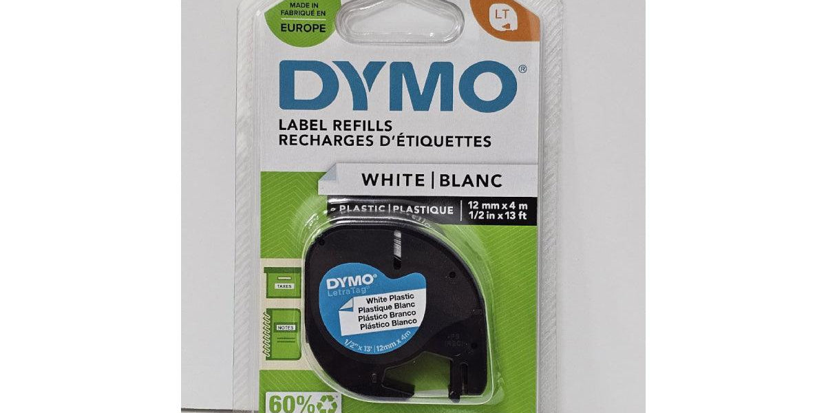 Dymo LetraTag Plastic Tape, 12mm X 4m, [White - 91201