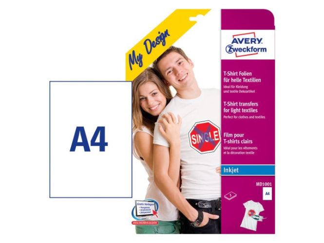 Avery MD-1001 T-Shirt Transfer Film For Bright Textiles, 5 Sheets - Altimus