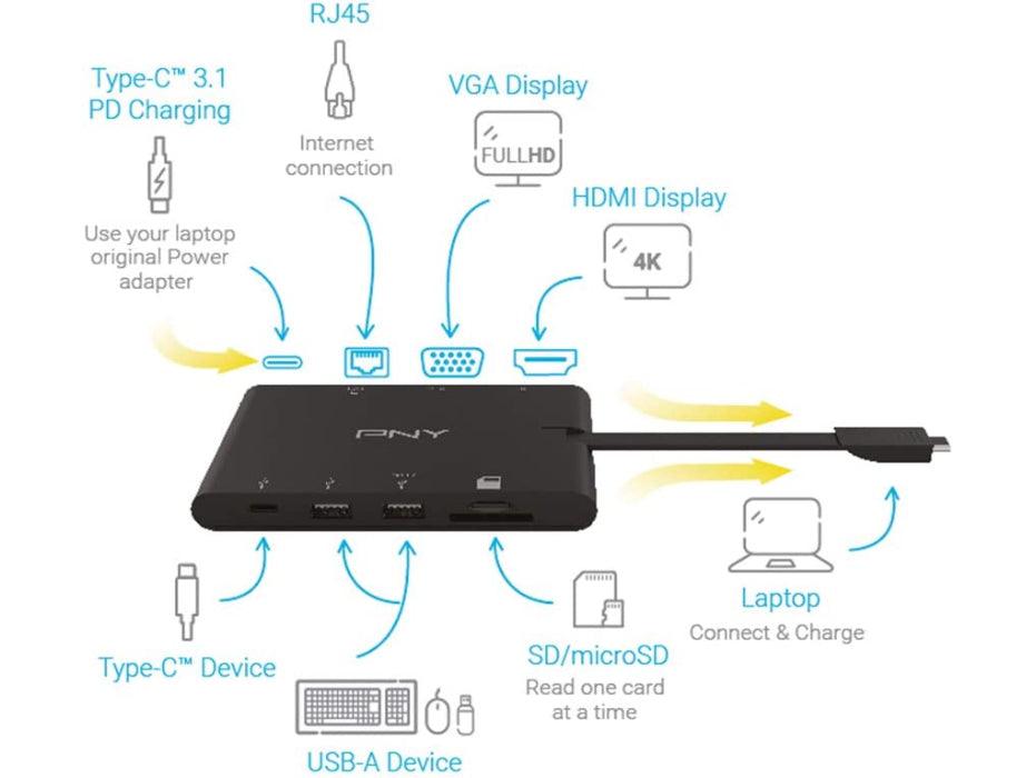 PNY 9 in 1 Mini Portable USB-C Power Hub with Integrated USB-C Cable for USB-C - Altimus