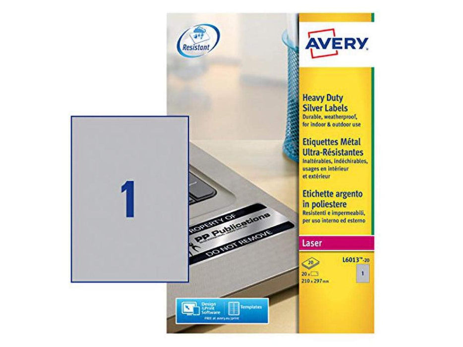 Avery L6013-20 Extra-Strong Adhesive Silver Heavy Duty Labels, 1 Label/Sheet, 20labels/pack - Altimus