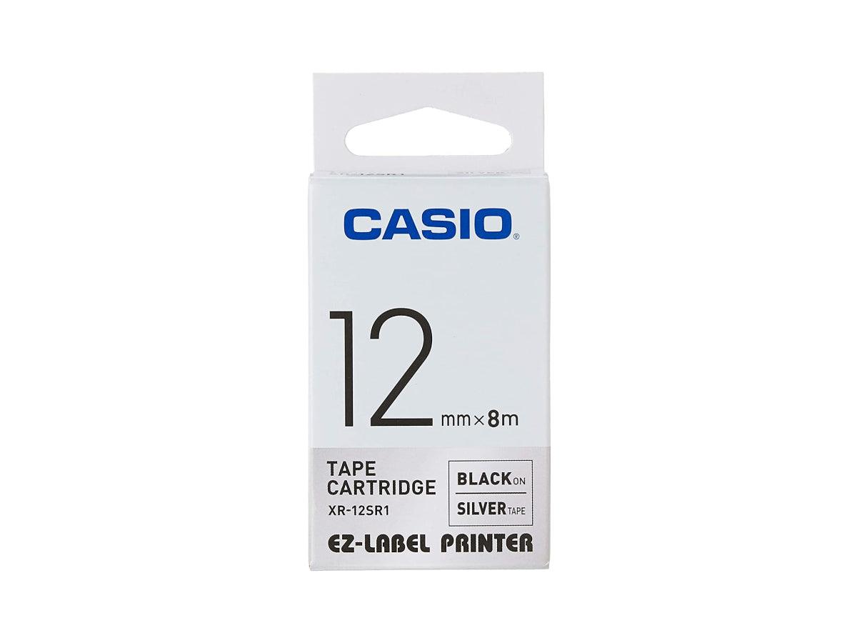 Casio XR-12SR1 Tape Cassette, 12mm X 8mm, Black on Silver - Altimus