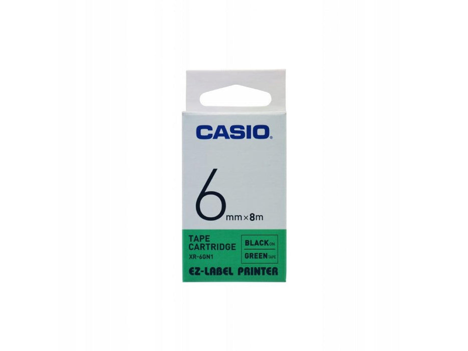 Casio XR-6GN1 Tape Cassette, 6mm X 8mm, Black on Green - Altimus